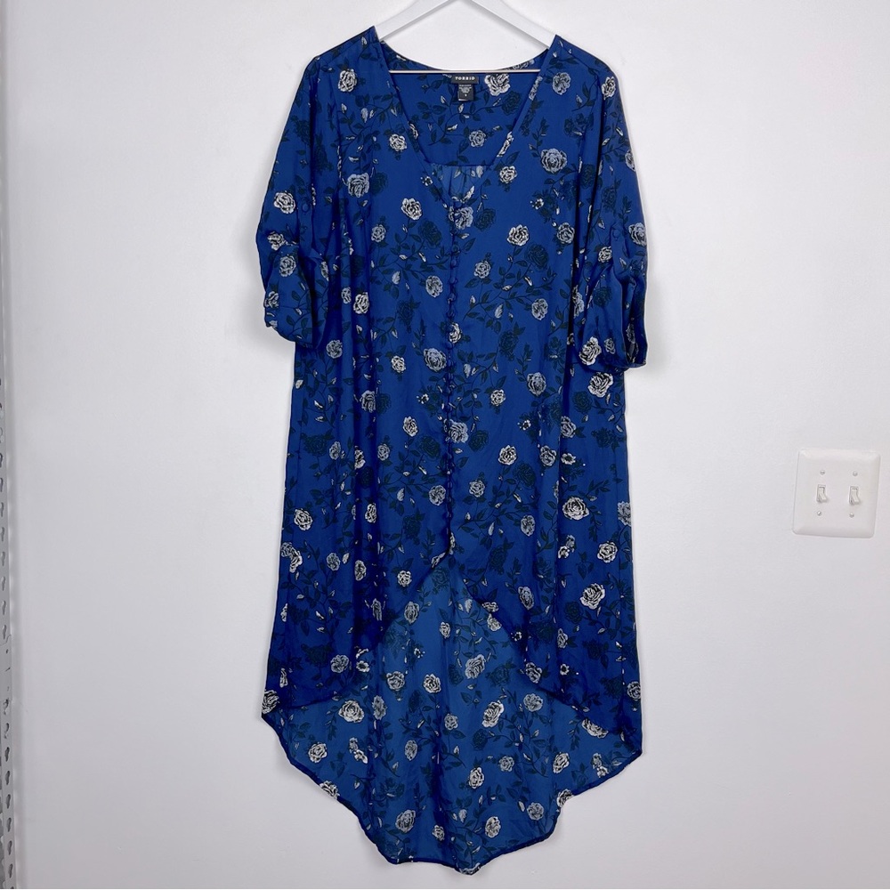 Torrid Blue Floral Midi Dress High Low 3/4 Sleeve
